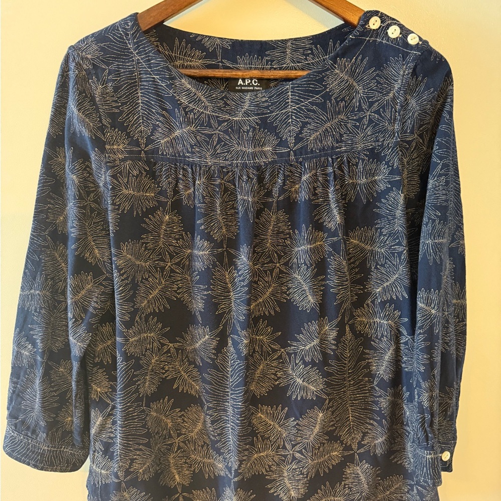 A.P.C. Navy Blue Blouse with Leaf Pattern